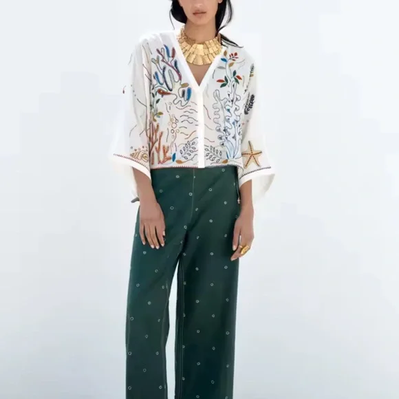 ZARA Embroidered White Kimono with Colorful Sea Life Design - Picture 3 of 14